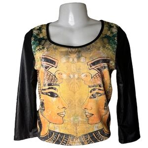 Y2K Cleopatra Graphic Wet Look Long Sleeve Top Size L